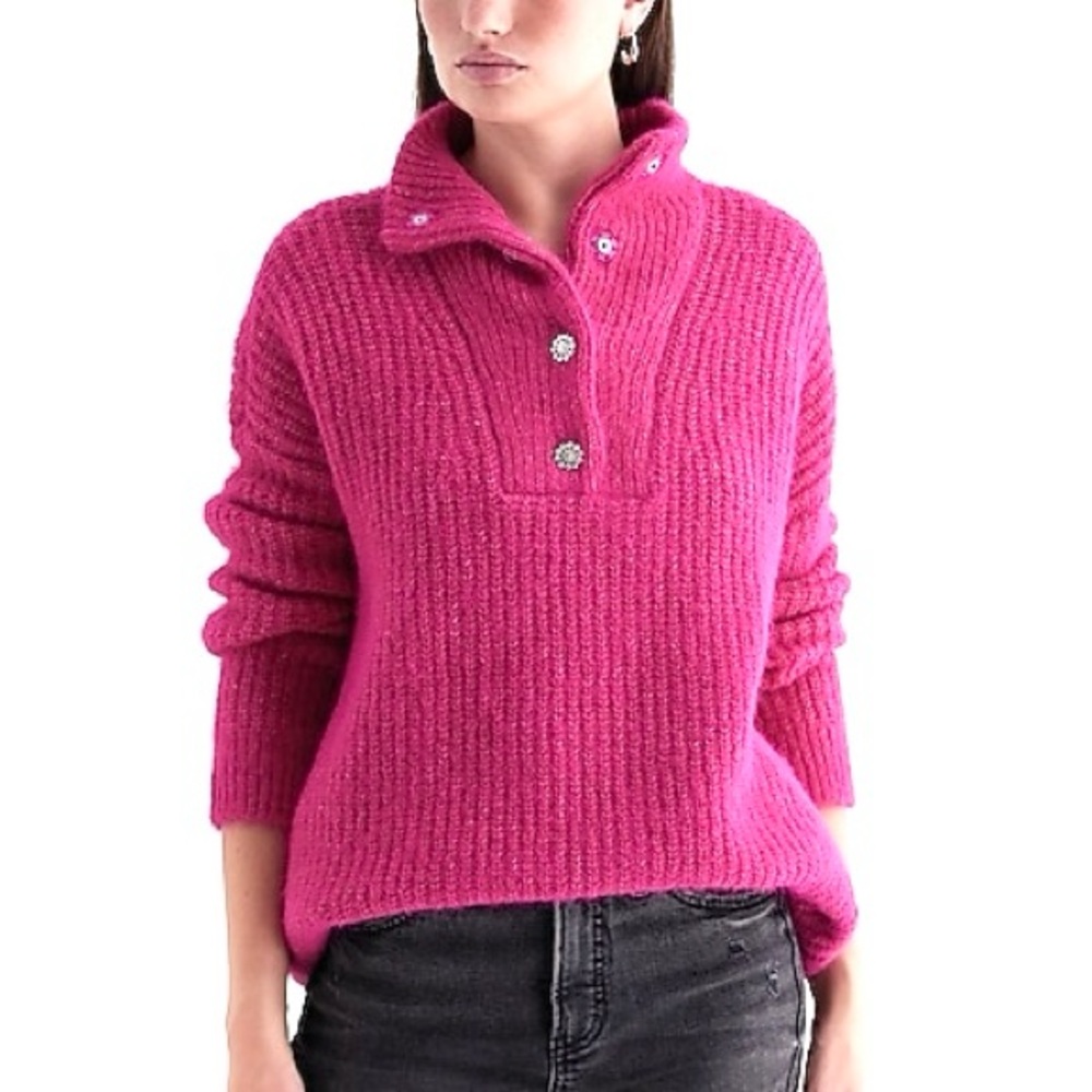 Express Fuzzy Knit Quarter Snap Sweater Embellished Buttons Mock Neck